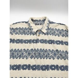 Vintage 90s Bugle Boy Blue Tan Tribal Aztec Polo Shirt Retro Dad Mens Sz XL